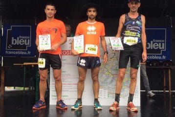 Podium du 14km de la Course des Crêtes 2017 à Espelette, remportée par Benoit Galand