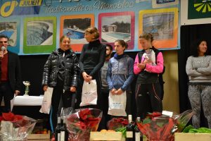 Julie Latger (2ème à droite) sur le podium du 10km de la Corrida de l'Épiphanie 2018 à Lescure-d'Albigeois