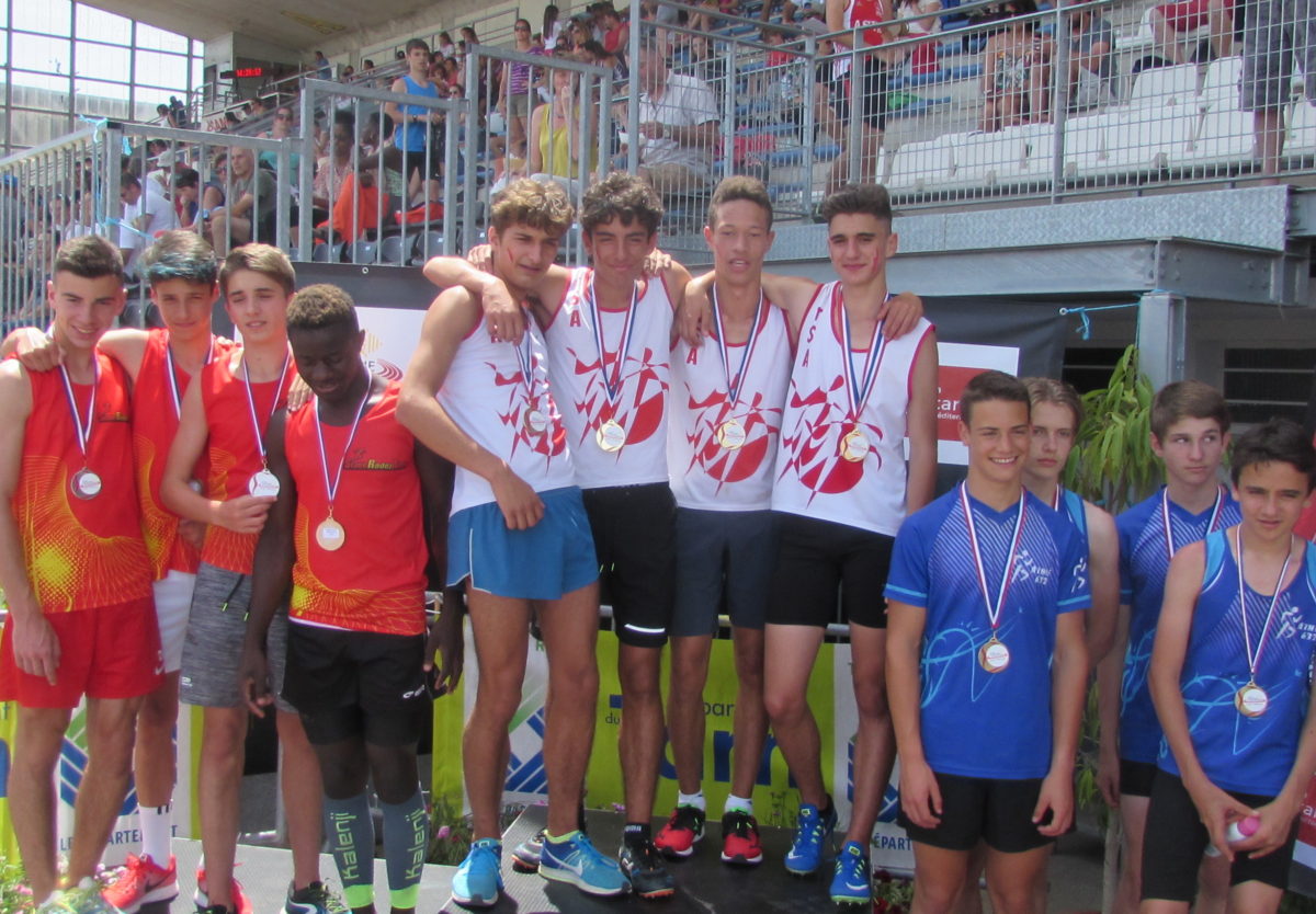 Podium du 4x60m des minimes garçons aux championnats d'Occitanie Benjamins-Minimes sur piste 2018 à Albi