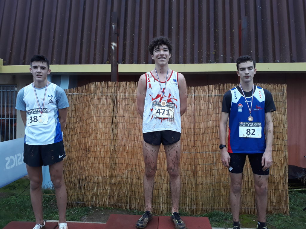 Antoine Danieau et Maxime Fabre sur le podium cadets des championnats du Tarn de cross 2019 à Florentin